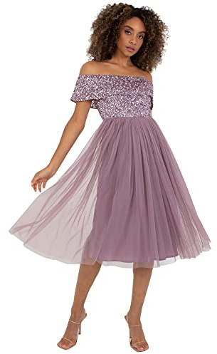 Maya Deluxe Damen Maya Deluxe Ladies Bardot Dresses For Women Midi High Empire Waist Sequins Embellished Formal Evenin Brautjungfernkleid, Moody Lilac, 36 EU