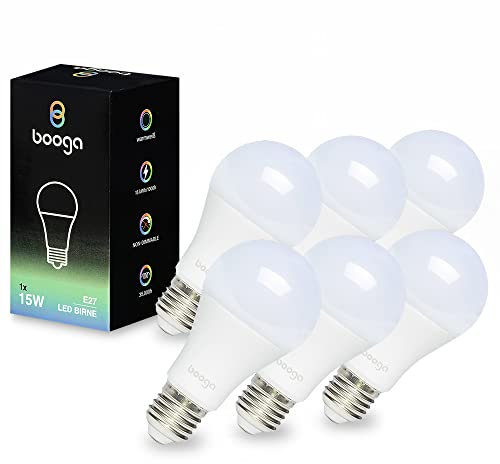 Booga LED E27 Glühbirne Leuchtmittel - 15 Watt - warmweißes Licht - 3000K - Milchglas - Energiesparlampe - LED-Birne - 220-240V AC- 6er Set