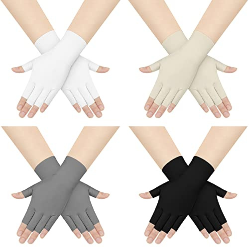 Sureio 4 Pairs Sun Protection UV Gloves for Women Fingerless Hand UV Protection Glove for Gel Manicures Summer Driving Biking(Black, White, Beige, Gray,Classic)