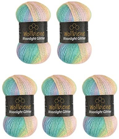 Moonlight Glitter Batik Simli 5 x 100g Strickwolle 500 Gramm Wolle zum Stricken und Häkeln 20% Wolle Metallic-Wolle Farbverlaufswolle Glitzerwolle (2900 grün rosa gelb pastell)