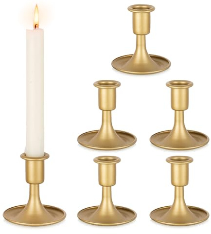 Inweder Matte Gold Candle Holder: 6 Pcs Candlestick Holders | Fits 2.2cm Taper, Brass Finish, Vintage Decor, for Wedding Table Centrepiece, Christmas, Party, Windowsill, Living Room Decor