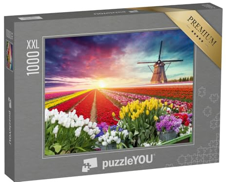 Puzzle 1000 Teile XXL „Landschaft mit Tulpen und Windmühle, Niederlande“ – aus der Puzzle-Kollektion Holland