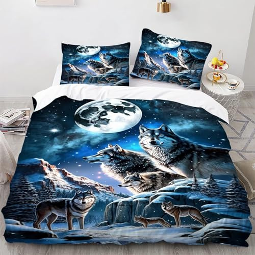 SMchwbc Wolf Bettwäsche 135x200cm Kinder Tier 3D Bettbezug Set Für Jugendliche, 3-teilig Schwarz Blue Mit Reißverschluss