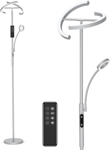 ANTENLICHT Stehlampe Dimmbar LED KAKA- | Silber-grau Stehleuchte 20W mit flexibler 7W Leselampe | Modern deckenfluter mit fernbedienung mit 4 Farbtemperatur für Wohnzimmer, Schlafzimmer, Büro, Hotel