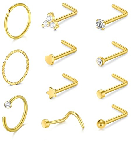AceFun piercing nez or,anneau nez or piercing nez acier chirurgical acier inoxydable set d'anneaux nasaux pour femmes hommes courbes en forme de L petit nez boulons et 2 strass bijoux piercing nez