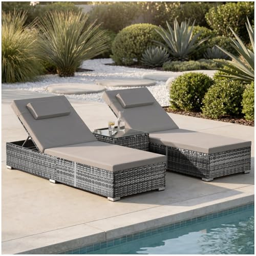 TecTake® Doppelliege für 2 Personen, 6-Fach verstellbare Rückenlehne, inkl. Tisch, wetterfest, 200 kg belastbar, Doppelsitzliege Garten, Sonnenliegen für Zwei, Gartenmöbel Rattan - grau