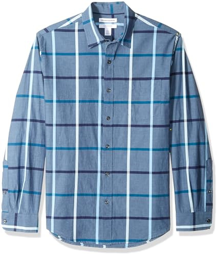 Amazon Essentials Men's Regular-Fit Long-Sleeve Casual Poplin Shirt, Denim Large Plaid, S