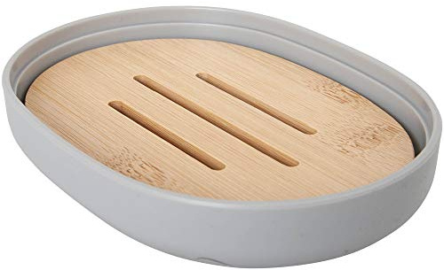 Wadiga BERILO Seifenschale mit Bambuseinlage Holz, herausnehmbar - 13 x 9,5 x 2,5 cm - grau