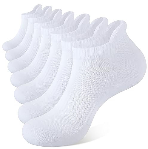 CLOSEMATE 7 Pairs Ankle Trainer Cushioned Sports Socks for Men Women Non-slip Tab Cotton Breathable Low Cut Athletic Running Socks (7White, Size L)