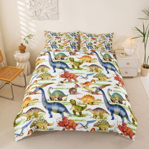 Dinosaur Bed Linen Cartoon Animals Bedding Set for Boys Girls Kids Children's Watercolor Dinosaur on White Decor Reversible Comforter Cover 3 Piece include 1 Duvet Cover 1 Pillowcases Single