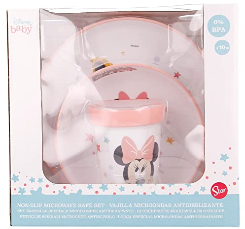 Stor Disney Minnie 3-delat presentset för barnmat, BPA-fri plast, tvättbar och återanvändbar, mikrovågs- och diskmaskinssäker, halksäker