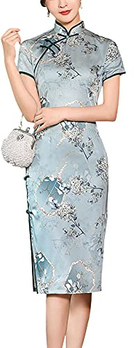 Vintage Floral Print Midi Cheongsam Qipao Dress Mandarin Collar Keyhole Short Sleeve Chinese Style Party Dress, Green, M