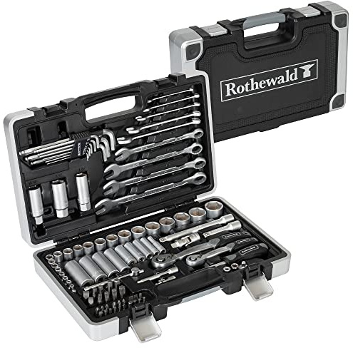 Rothewald - Juego de herramientas de 92 piezas, soporte para puntas extraíbles para puntas en pulgadas, trinquete de dientes finos, facilita el control de los tornillos, acero al cromo vanadio