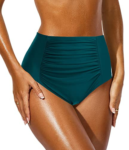 JFAN Braguita de Bikini Mujer Cintura Alta Bragas Bikini Vientre Plano Pantalón la Parte de Abajo Traje Baño Mujer（Verde Oscuro,S