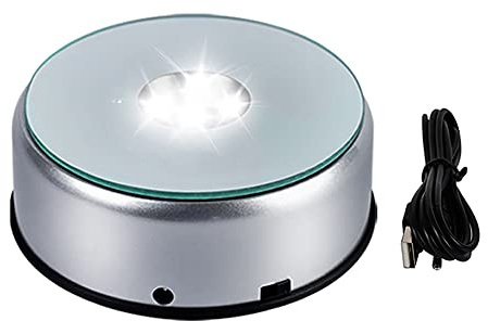 PHMOOJ 5 LED Display Base for Crystals Glass Art,White Light Rotating Crystal Display Base Stand,Cup Display Stand Turner for Tumbler Cups