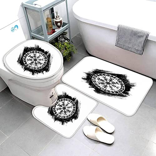 AOLIGL Badezimmermatte Set Weiße Skandinavische Symbole 3D Drucken Wikinger Teppich Badezimmer Badgarnitur 3teilig Mikrofaser Bath mat U-förmigen Contour Matte- WC Vorleger 40 x60