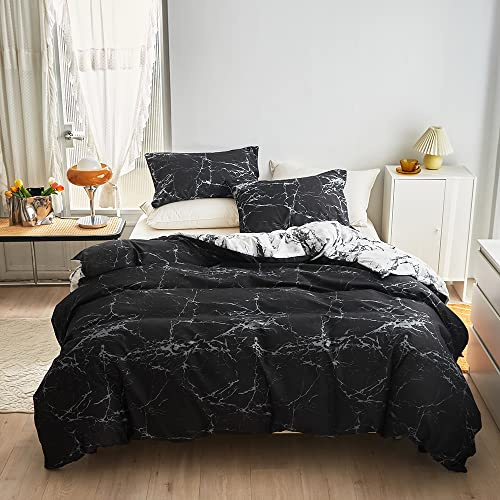 WUMIUER Juego de ropa de cama de mármol de 200 x 200 cm, juego de 3 piezas, ropa de cama reversible de mármol negro y blanco, funda nórdica ligera de microfibra suave de 200 x 200 cm y 2 fundas de