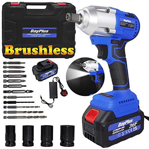 Brushless Cordless Impact Wrench 1/2 Chuck with 6.0Ah Battery, 420Nm Torque, 4Pcs Impact Wrench Socket Set(14/17/19/22mm), 6 Drill Bits, 6 Screwdriver Bits, with Carrying Box for Home Car Repair Tool