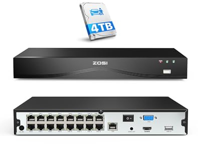 ZOSI 16CH NVR Network Video Recorder PoE Security Camera System, 4TB HDD | 2 SATA Ports, 24/7 Recording, Playback, AI Human/Vehicle Detection, 32CH Expandable, Only Work with ZOSI PoE IP Cameras