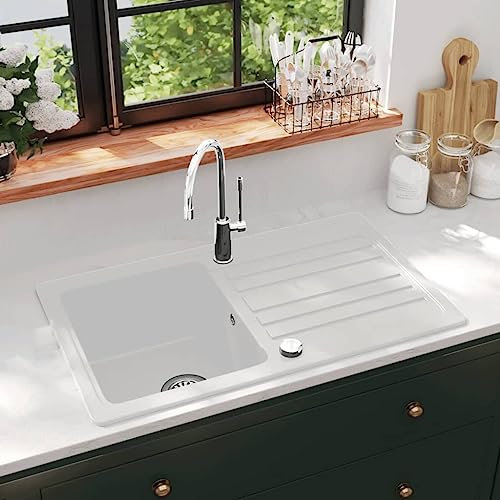 Lavello da cucina in granito singolo con gocciolatoio, reversibile, lavabo sottopiano, lavabo incasso, colore: bianco panna, bianco crema