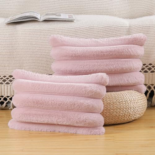 Madizz Juego de 2 A Rayas Fundas de Cubiertas de Almohada de Lana de Lujo Cubierta de cojín Decorativa Suave para Almohada de Dormitorio de sofá Rosa 40 x 80 cm