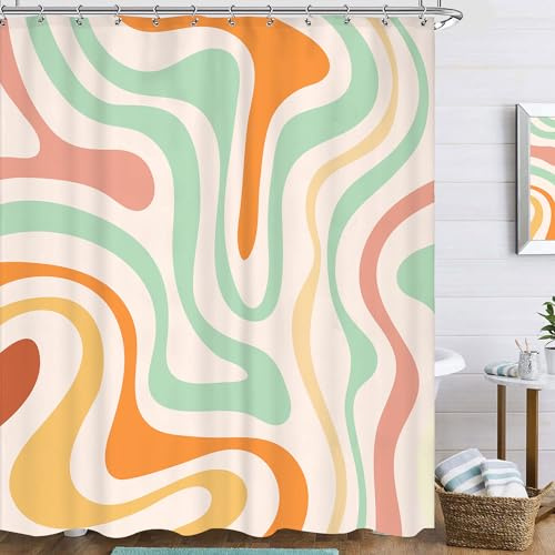 Famiffty Cortina de ducha retro de los años 70 con diseño de espirales coloridos vintage funky para el baño, 72 pulgadas de ancho x 72 pulgadas de largo, accesorios de baño estéticos, modernos