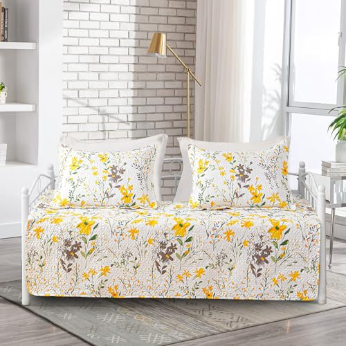 Jarson 3 Pcs Floral Daybed Cover Set Twin Size Yellow White Flower Sofa Cover Bedding Sets Double Side Bed Set for All Season Botanical Pattern Daybed Quilt Set with Pillow Shams