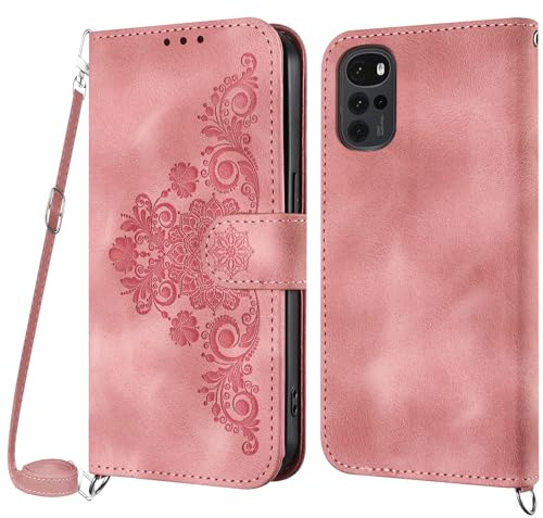 Netany Funda para Motorola Moto G22 4G con Cuerda, Flip Billetera Funda Tapa Libro PU Cuero con Ajustable Cordón,【2 Ranuras】【Magnética】,Funda Piel Carcasa Case para Motorola Moto G22 4G Cuerda (Rosa)