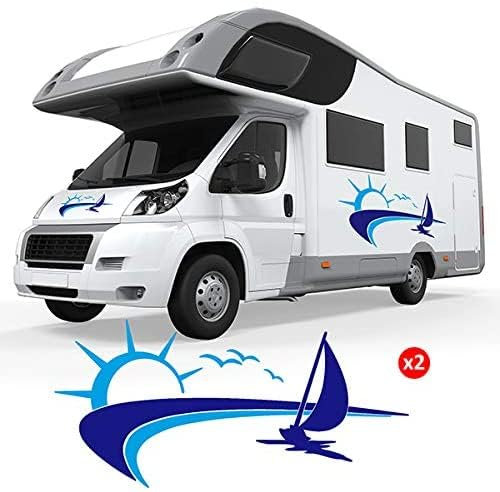 Rakelfix Zweimal Wohnmobil Segelboot auf dem Meer Sonnenuntergang je 100 cm Aufkleber Sticker Autoaufkleber Wandtattoo Surf Kite Surfen Wassersport Fun Sea