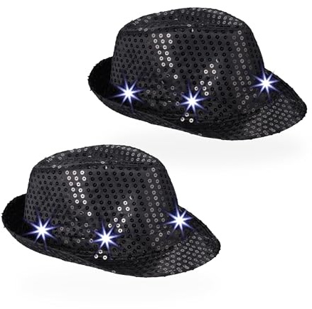 Relaxdays Sombreros de Fiesta con 6 Led y Lentejuelas, 3 Modos de Luz, Hombres y Mujeres, Hora Loca, Negro, Algodón, 12 x 20 x 27,5 cm