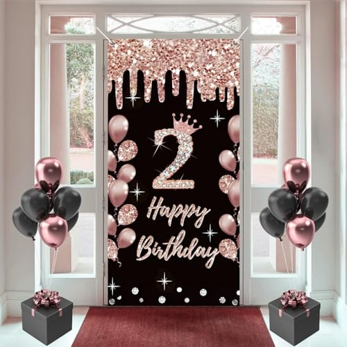 Decoración de 2º cumpleaños para niña, cartel de tela de feliz 2 años, telón de fondo de oro rosa, pancarta de puerta, suministros de fiesta de segundo cumpleaños, letrero de bienvenida, 180 cm x 90