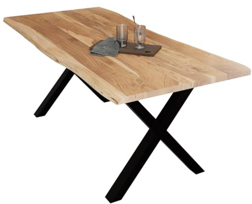 Liadomo Esstisch 220x100 Diala Natur, X-Gestell schwarz | Baumkante, Akazie Massivholz Tisch, 35 mm Tischplatte lackiert, Metallgestell, Robust & Pflegeleicht, bis zu 10 Personen
