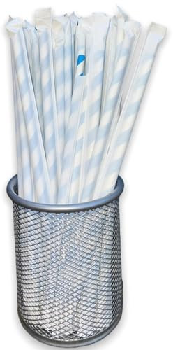 Pajitas biodegradables de papel azul y blanco, 200 pajitas desechables envueltas individualmente para suministros de fiesta, cumpleaños, bodas y Navidad, pajitas reciclables para café y jugo, 6 mm x