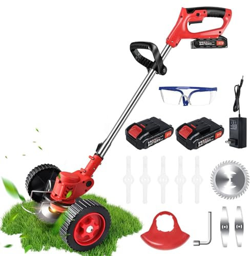Coupe-Bordure de Jardin sans Fil 21V à Lame Métallique Avec Batterie Li-ion 4 Ah et Chargeur de Batterie,Roues Amovibles,Débroussailleuse Électrique pour Jardins et Pelouses(2pcs battery)