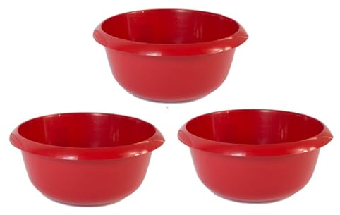 (Pack Of 3) Round Kitchen Household Cleaning Washing UP Mixing Bowl, 8L Capacity, Round Plastic GLLITER RED Colour Bowl