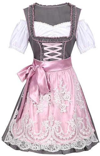 Bseical Dirndl für Damen Trachtenkleid Midi Dirndl 3tlg Dirndl-Komplettsets mit Bluse und Schürze Rosa Dirndlkleid Spitze Stretch Elegant Oktoberfest Dresses(Rosa, 40)