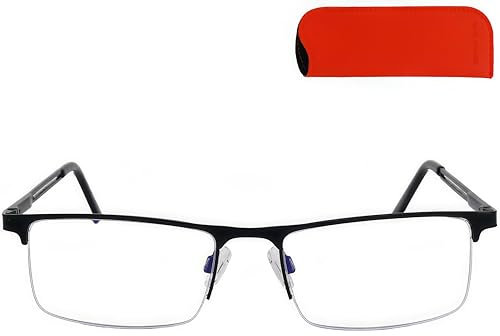 Mini Brille - Lunettes de Lecture Anti-Lumière Bleue en Métal avec Demi Cadre Monture en Acier Inoxydable (Noir), Verres Rectangulaires, Etui, Filtre Lumière Bleue Hommes et Femmes +1,5 Dioptrie