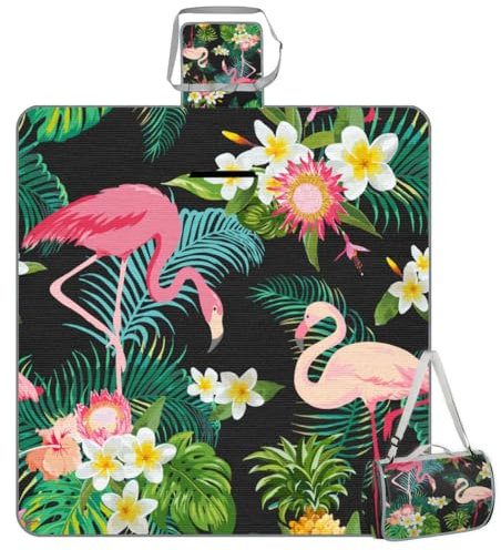 Mularoka Picknickdecke mit Flamingo-Blumenblättern, wasserdicht, sanddicht, faltbar, Stranddecke, 150 x 145 cm, extra groß, tragbar, waschbar, Outdoor-Matte für Camping, Park, Gras, Wandern, Reisen
