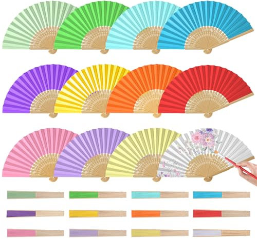 Heveer Ventaglio a Mano con Manico in bambù Ventaglio di Carta Multicolore Pieghevoli Paper Fans per Matrimonio Festa di Compleanno Strumento Feste Bomboniere Fai da Te 12 Pezzi