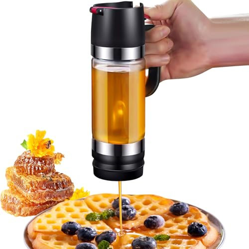 12.3oz Dispensador de jarabe de vidrio,Dispensador Miel, Tipo Prensa, Dosificador para miel antigoteo, Botella De Miel Transparente con mango, para Almacenamiento Y Dispensación De Miel Y Jarabe Juego
