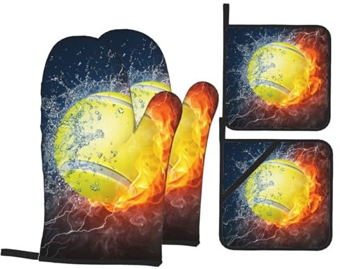 Pallina da tennis nel fuoco e nell'acqua, presine e guanti da forno, set da 4 pezzi, presine resistenti al calore, guanto da forno da cucina