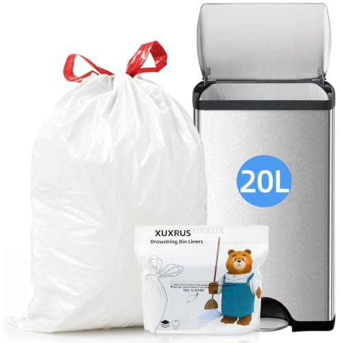 XUXRUS White 20L Bin Bags with Drawstring for Bathroom and Office, 60 Count