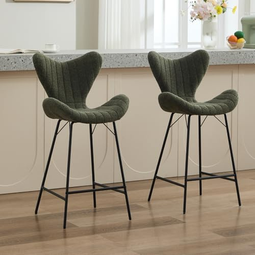 DAYALANE Barhocker 2er Set, Moderne Barstühle Küchenhocker mit Metallbeinen aus Chenille, Bar Stool mit Stepp-Rückenlehne für Theke Küche Bistro Café Esszimmer Wohnzimmer, Grün