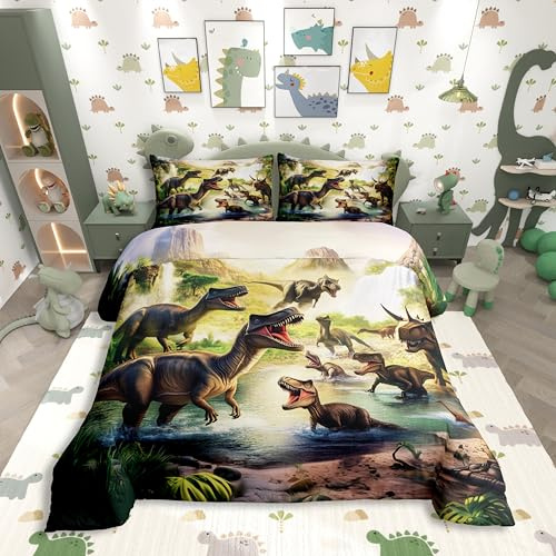 Homewish Dino Bettwäsche 155x220cm Kinder Jungen 3D Realistische Druck Dinosaurier Teenager Bettbezug Set Spektakuläre Ästhetik Dinosaurier Bettwäscheset Üppige Vegetation Wasserfälle Berge Bettset