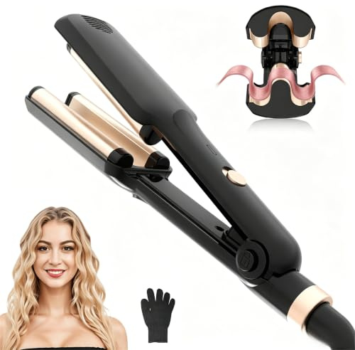 UKLISS Hair Waver Mini Wave Curling Iron, Beach Waves Hair Curler | Lightweight 3 Barrels Mermaid Waver for Wavy Hair, Compact Size for Women, Anti-Scald, Quick & Easy, Double Voltage - Black