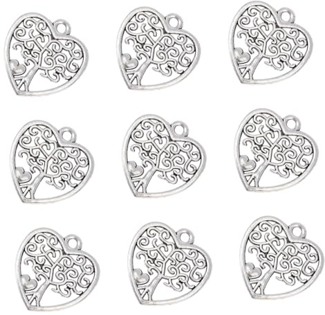 UTHCLO 50 pezzi Ciondoli Albero della Vita in con Design Intagliato Cuore Pendenti Decorativi Hollow-out per Creazioni Artigianali e Bomboniere Stile Antico Argento