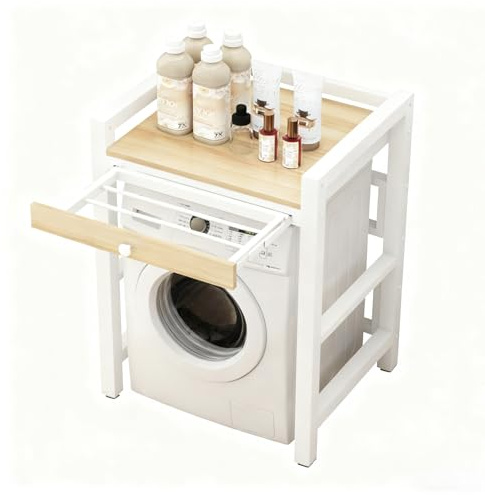 Superposition Lave Linge Seche Avec étendoir dissimulé Meuble de Rangement Hauteur réglable pour Machine à Laver à Tambour Kit de Superposition Lave Linge Seche Linge pour U Whiteframe+walnut 1-Tiers