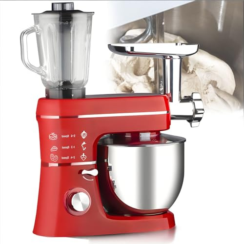 OzcNykt Robot De Cuisine éLectrique 3 en 1, avec Bol en Acier Inoxydable, Bocal en Verre De 1,5 L Et 5 Vitesses, IdéAl pour La PâTisserie Et La Confection De Pains Et De PâTisseries Red