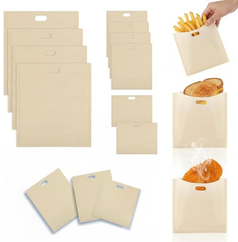 10 Pack Reusable Toastie Bags for Toaster, 3 Sizes Non-Stick Sandwich Bags BPA Free, Washable Heat Resistant for Grilled Cheese Panini Pizza Snacks
