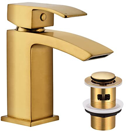 Hapilife Basin Taps Mixer Waterfall with Pop-up Waste Brushed Gold Bathroom Sink Taps Mixers Square Gold Mono Cloakroom Faucet Monobloc 1 Hole with Slotted Waste Click Clack Single Lever
